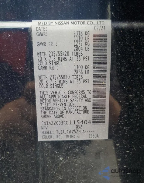 2024 Nissan Murano Sl z USA, uszkodzony, nr VIN 5N1AZ2CJ3RC115404